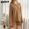 GMXIA Fashion Casual Sportswear Pajamas Women Spring and Autumn Models Solid Colour Long-sleeved Shorts Two-piece Homewear