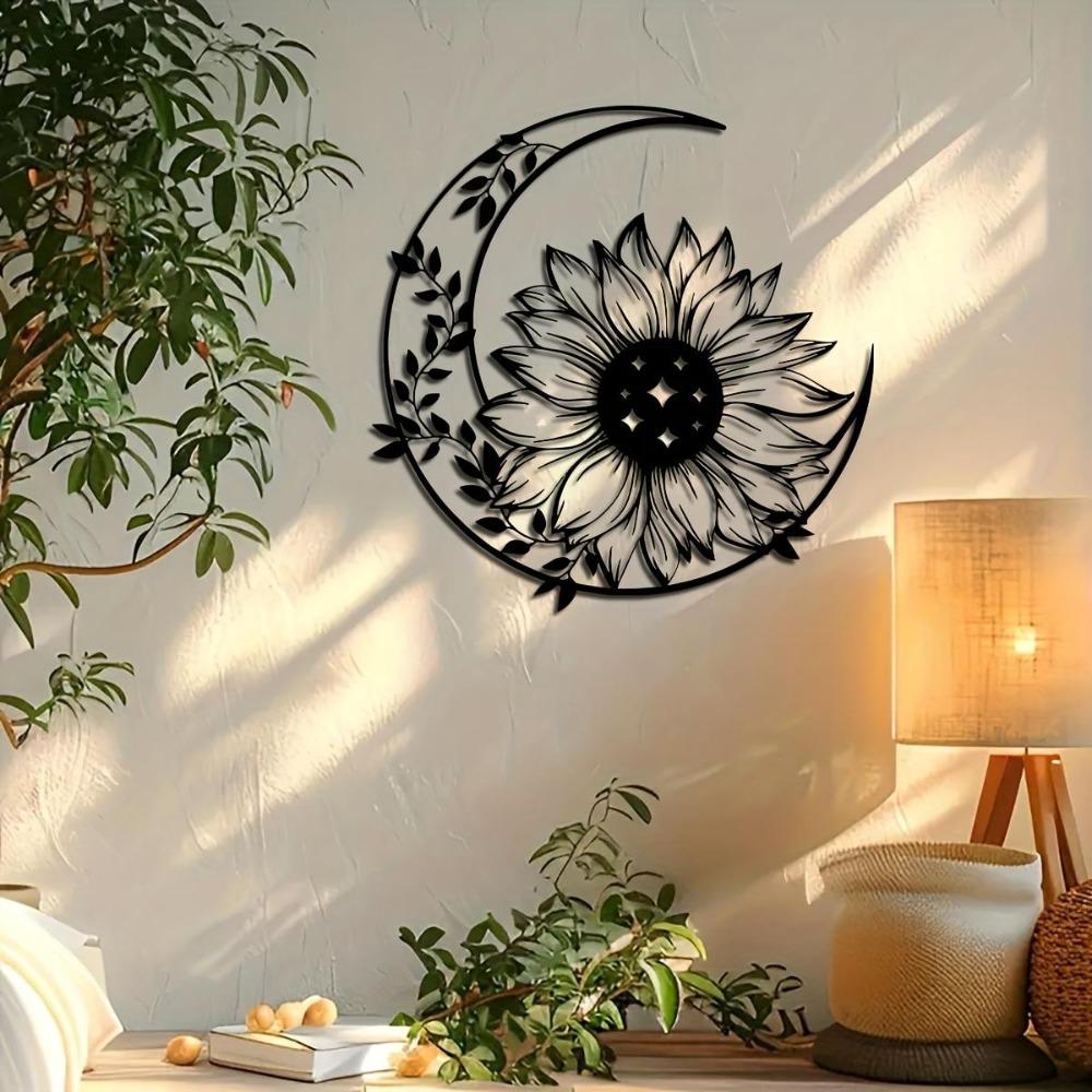 Sunflower Metal Wall Art Intricate Blackwork Crescent Moon Sun Design Home Patio Balcony Decor Housewarming Gift
