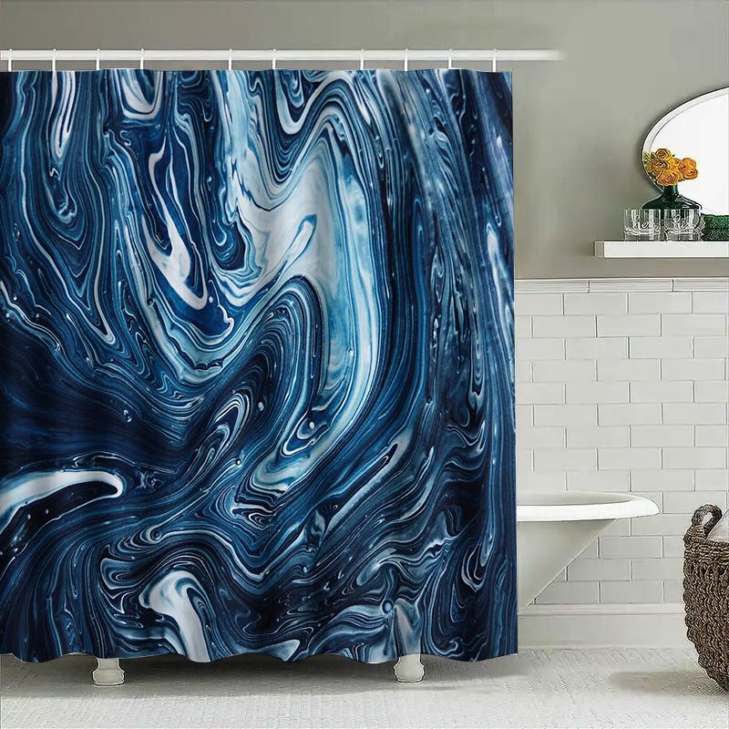 Blue Marble Shower Curtain Waterproof Abstract Art Bathroom Decor Modern Fabric Liner Vintage Grey Stone Pattern Washable Backdr