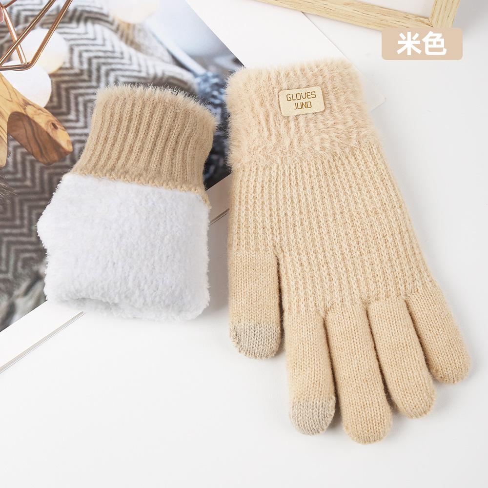 Knitted Gloves Autumn and Winter Women's Double-layer Velvet Thickened Warm Wool Cold-proof, Touch Screen Gloves
