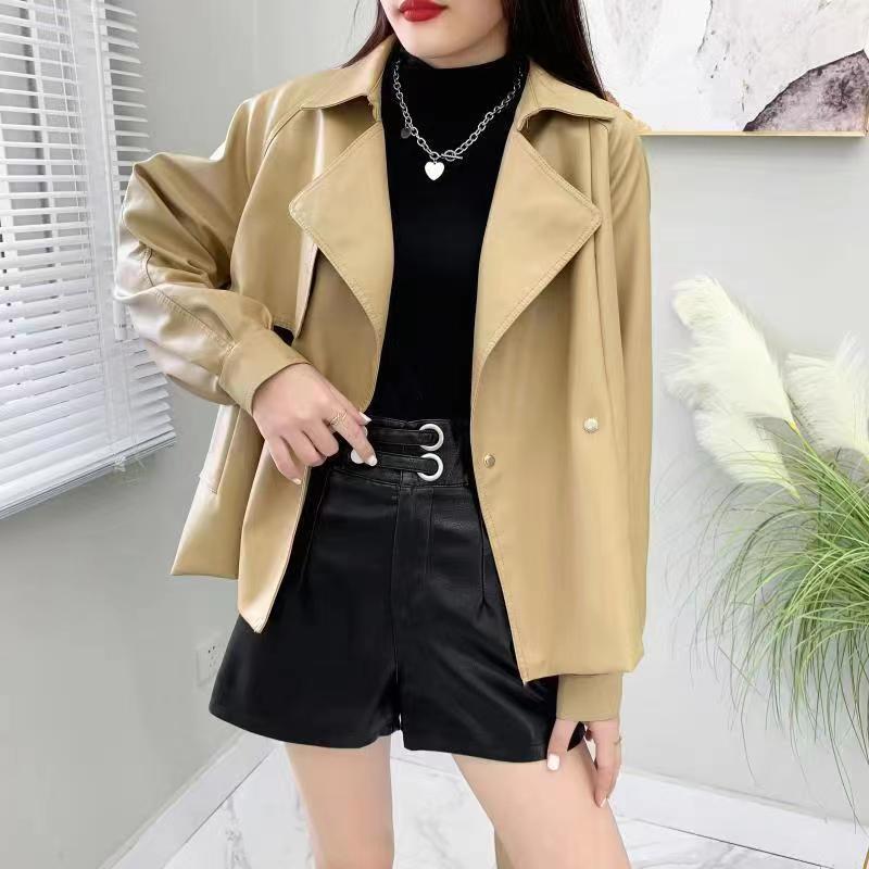 

Весеннее пальто женское весна и осень новая корейская версия повседневное универсальное с длинными рукавами короткое осеннее женское полупальто из искусственной кожи M