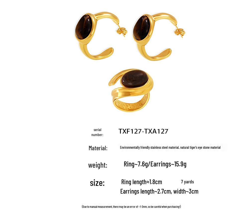 Retro Europäische & Amerikanische C-förmige Tigeraugenstein-Ohrringe mit Edelstahlring, PVD-beschichteter Schmuck.