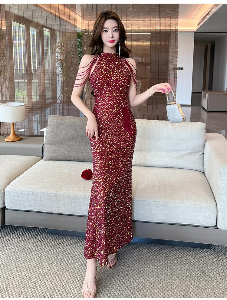 White evening dress women's new high-end light luxury niche high-end banquet temperament host shiny fishtail skirt