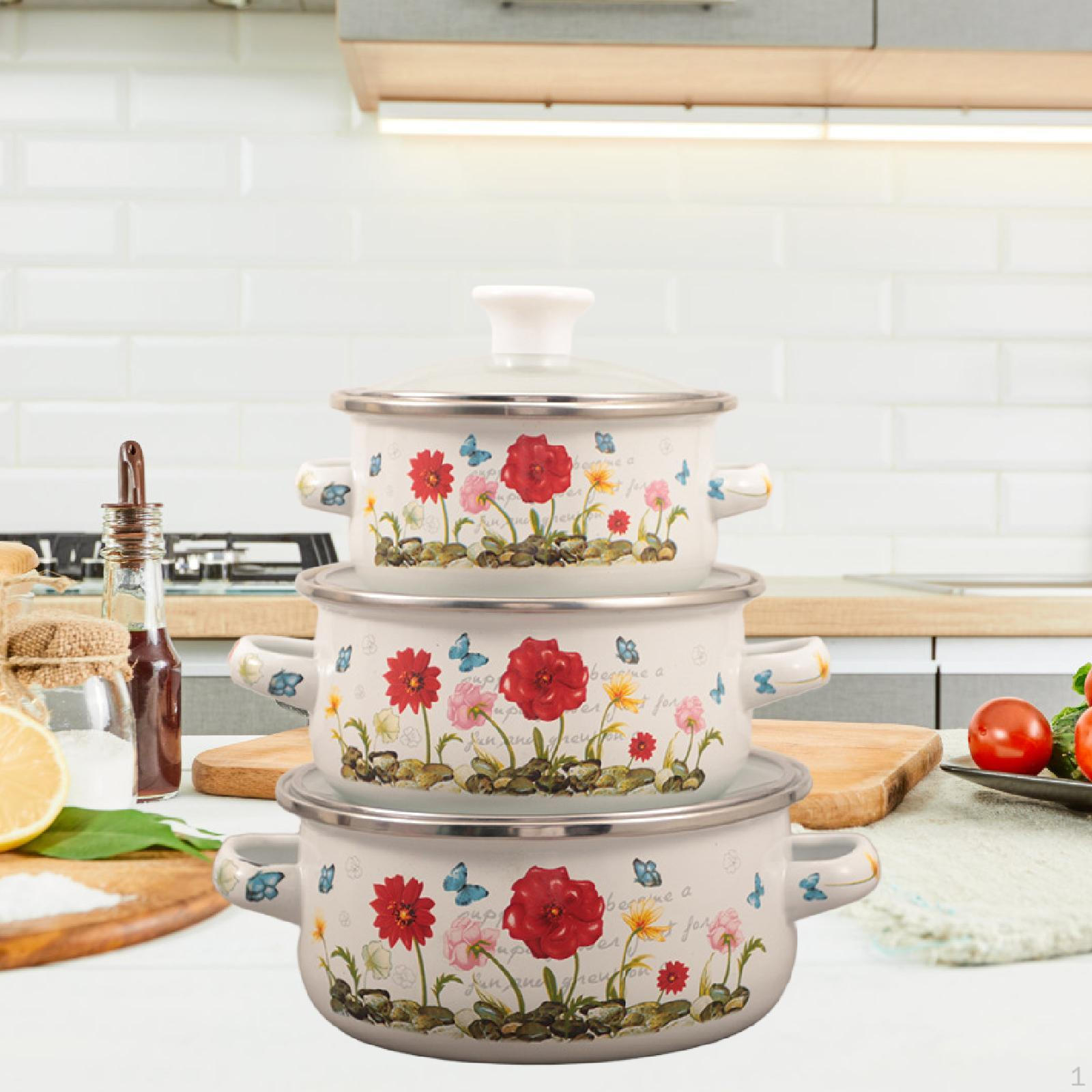 

3 эмалированные кастрюли с крышками, переносные, для приготовления пищи, подарок, для обеда, для индукционных плит, газовых плит, и Red Flower