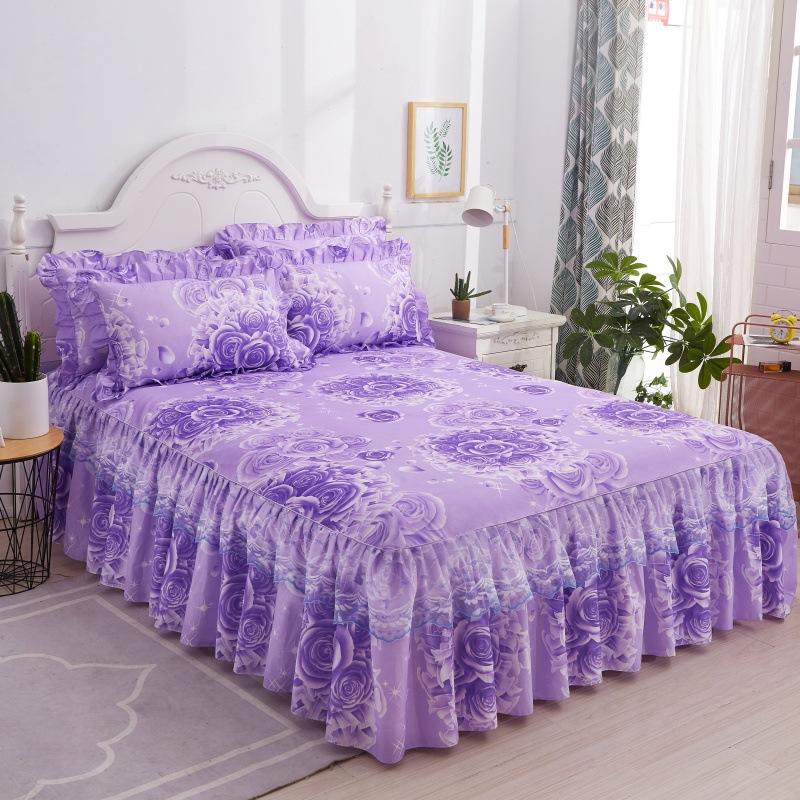 3PCS Printed Ruffled Soft, Comfortable and Breathable Bed Skirt (One Bed Skirt and Two Pillowcases, Excluding Pillow Core) Bed Skirt, Bedspread
