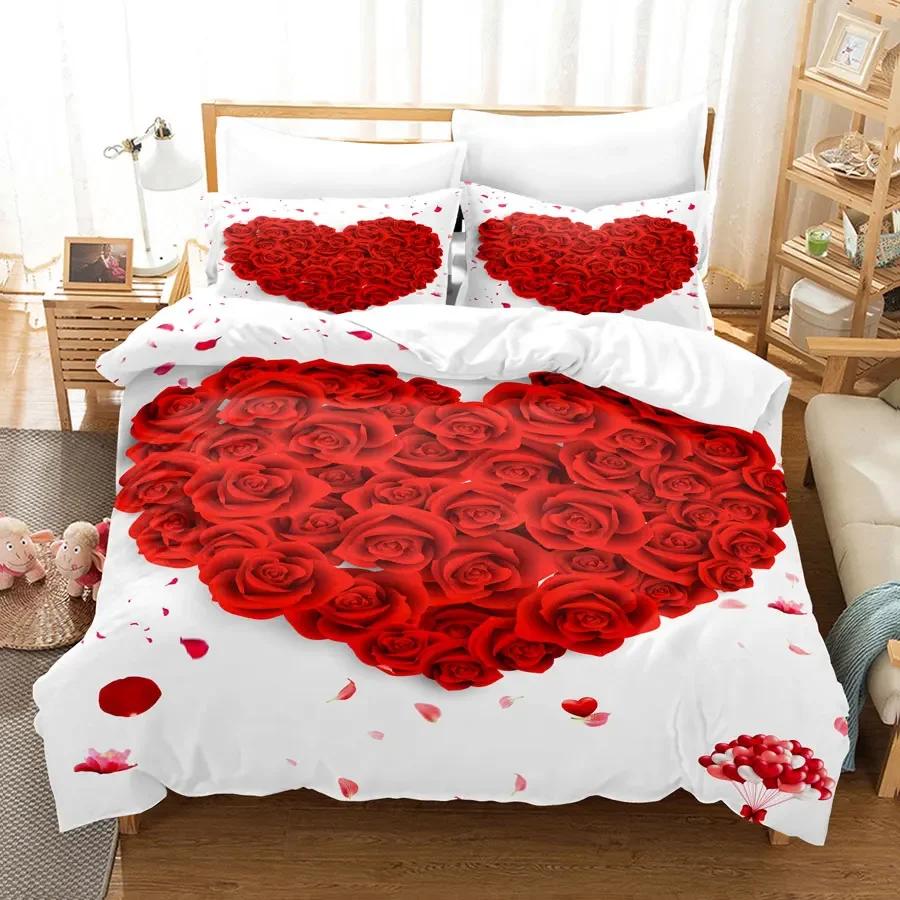 Comforter Red Roses Queen Size King Full 3D Bedding Sets Flower Quilt Linens Single Double Bed