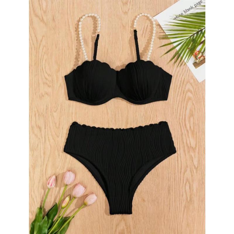 Women's White Pearl Strap Scalloped Edge High Waist Bikini Set Two-Piece Swimsuit