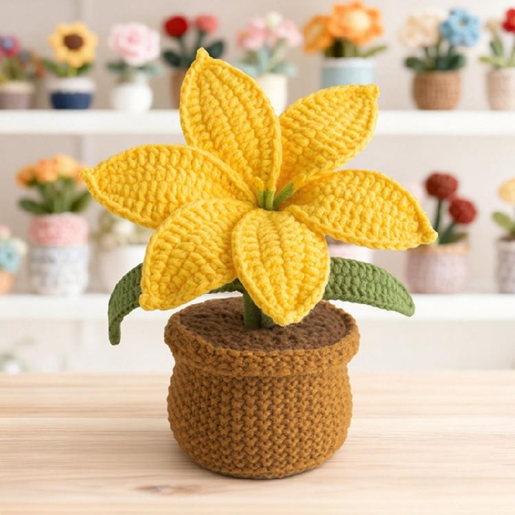 Crocheted Lilies Potted Plant Home Decors Artificial Knitted Flower Pot Ornament for Mother Day Teacher Appreciation Gift