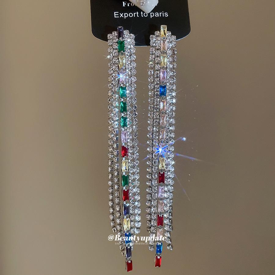 Silver Needle Geometric Zirconia Tassel Earrings - Light Luxury High-End Fashion Studs for Women