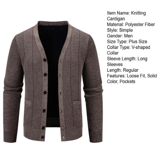 Men Knitting Cardigan V-Neck Long Sleeve Buttons Placket Sweater Jacket with Pockets Solid Color Autumn Winter Knitwear
