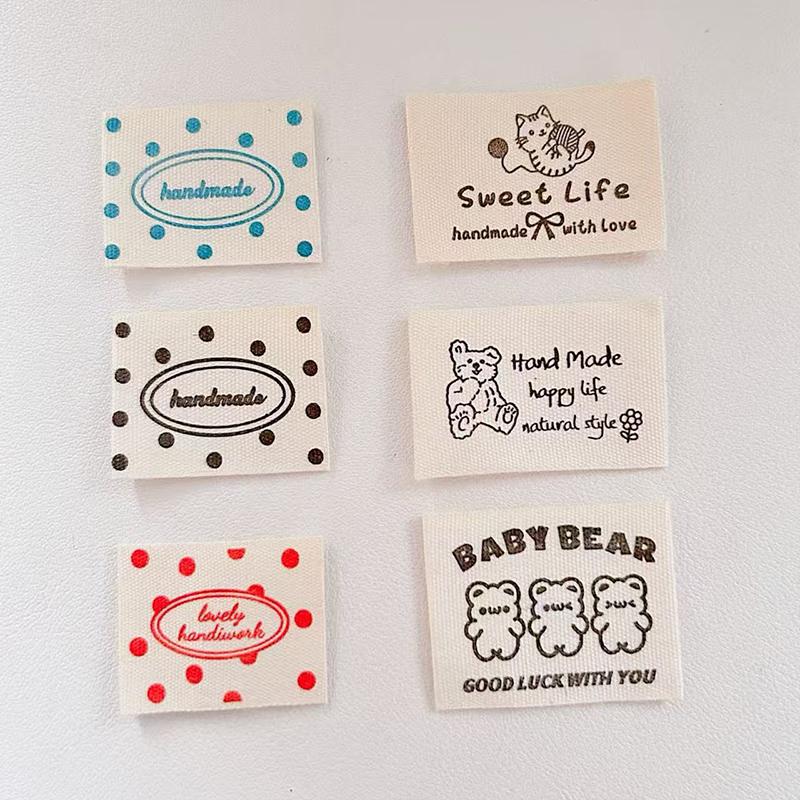 10PCS Cotton Fold-over Label Vintage Style Apparel Label Minimalist Bag Tag Wave Point Bear Cloth Label 3x2.5cm/3.7x3cm