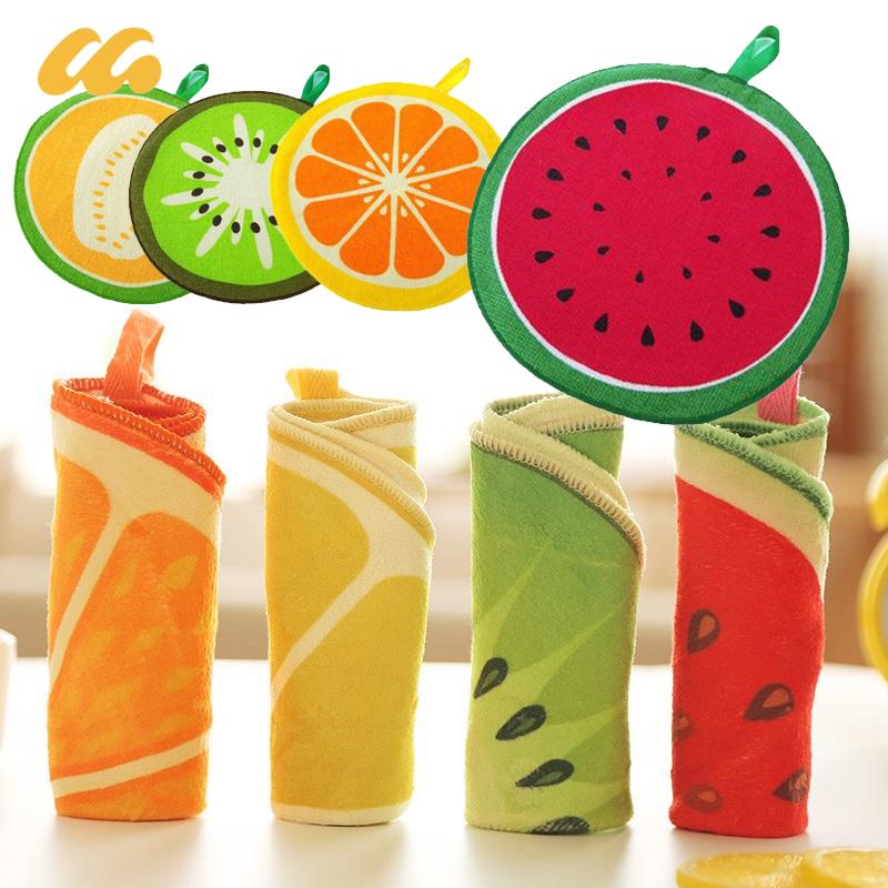 Hanging Towel Quick-Dry Cute Fruit Print Dish Cloth Microfiber Absorbing Wiping Napkin Cloth Kitchen Household Cleaning Tools