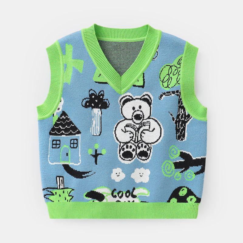 [Spring 25 New Collection] Boys  Mountain Series Hand-Painted Pattern Jacquard Knitted Vest Sweater Children s U159 Green 140