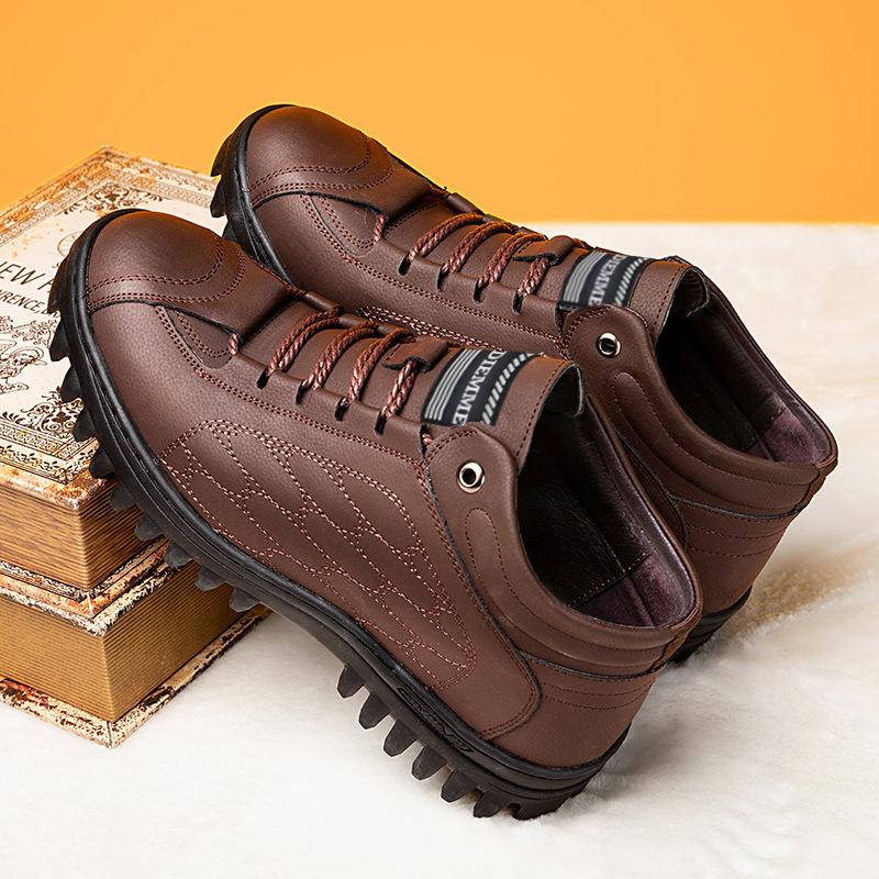 Single Cotton Men's Shoes of the Same Style 2025 New Winter Velvet Thickened Warm Leather Shoes British Style Soft-soled Casual Snow Boots