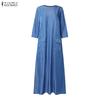 ZANZEA Women Casual Round Neck Loose Long Sleeve Retro Long Dress