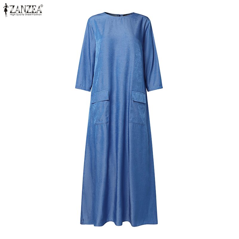 ZANZEA Women Casual Round Neck Loose Long Sleeve Retro Long Dress