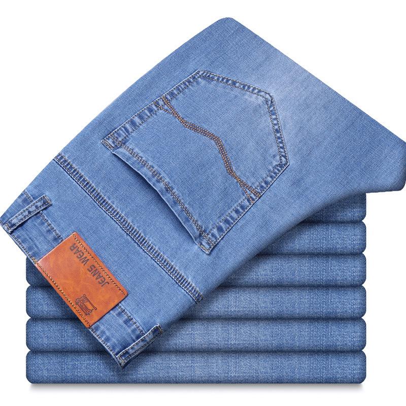 

Літні чоловічі легкі джинсові штани вільного крою прямі еластичні повсякденні слім-фіт універсальні довгі штани для чоловіків 36 світло-синій колір