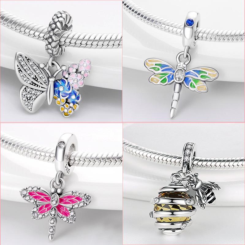 Original-Insekten-Charm-Anhänger aus 925er-Sterlingsilber, Schmetterling, Libelle, Marienkäfer-Charm-Perlen, passend für Mode-Armbänder, Original-Schmuck