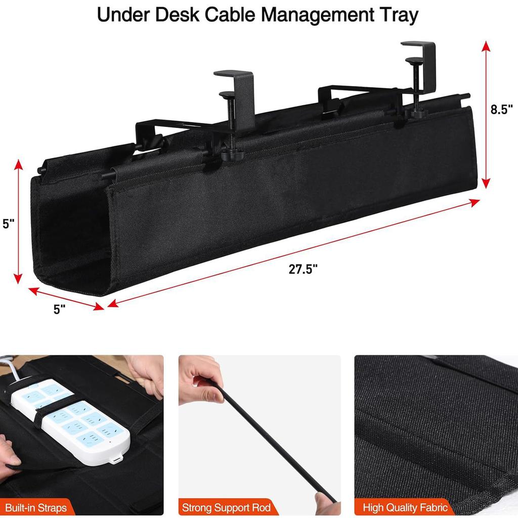 Under Desk Cable Management Box Hidden Cord Organizer with Strong C Clamp for Office Home Black Fabric