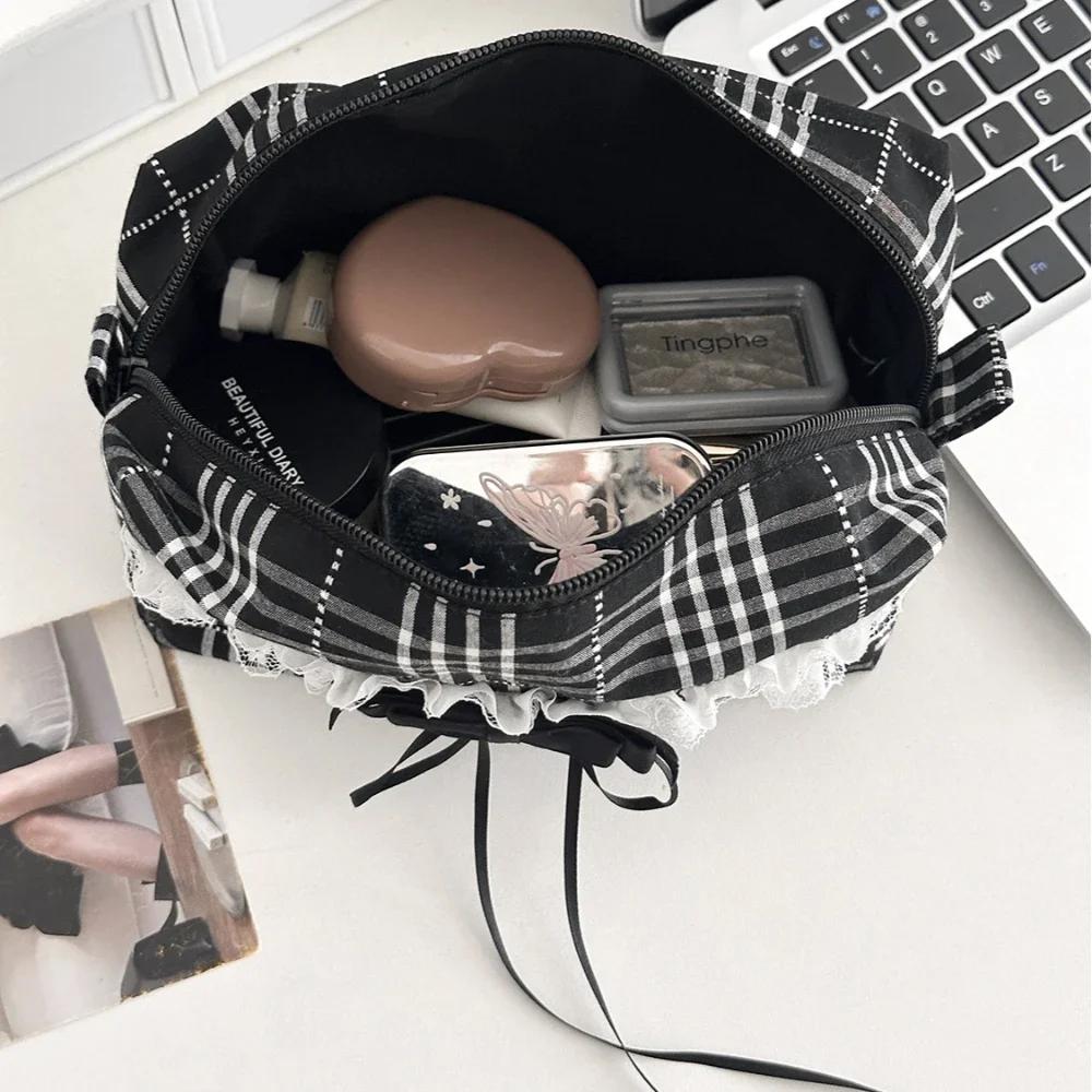 Sweet Causal Black White Checkered Makeup Bag for Schoolgirl Lace Korean Ins Style Large Cosmetic Case Cute Travel Organizer