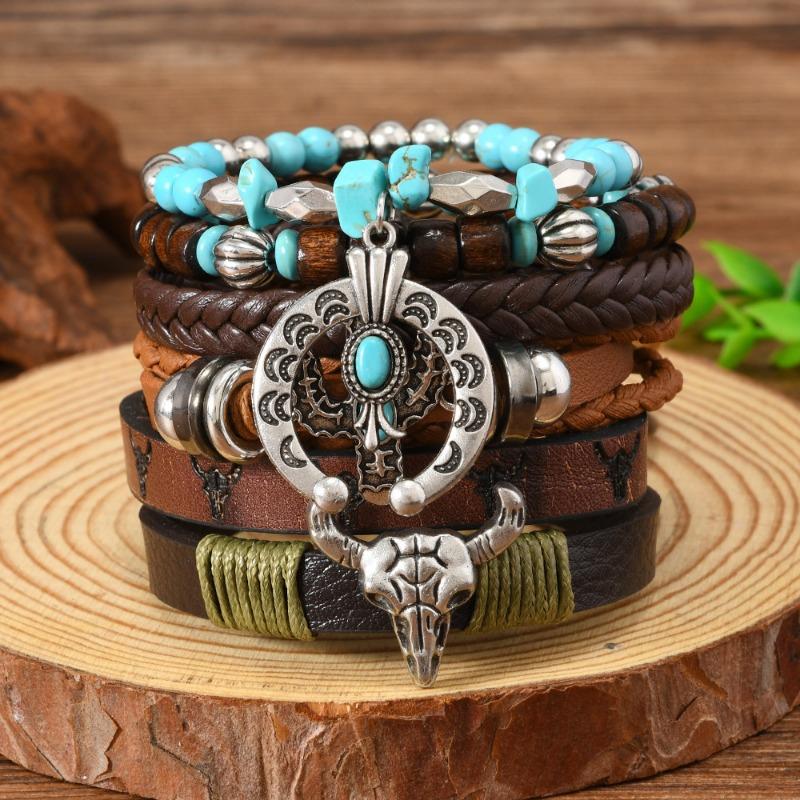 Boho Bracelet Set for Men Leather Braided Wrap Bracelet with Wood Beads Bull Skull & Evil Eye Charm Ethnic Viking Style Jewelry