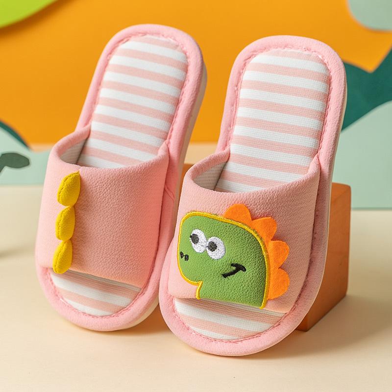 

Children s dinosaur linen slippers women s 2002 spring and autumn four seasons home soft bottom cartoon parent-child cotton and linen slippers 24/25 (inner length 16cm)