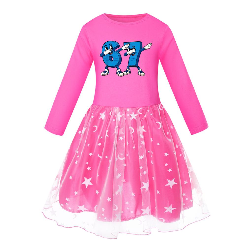 5226 Kids Girls Steal a Brainrot 67 Six Seven Print Mesh Rainbow Round Neck Casual Casual Cotton Dress