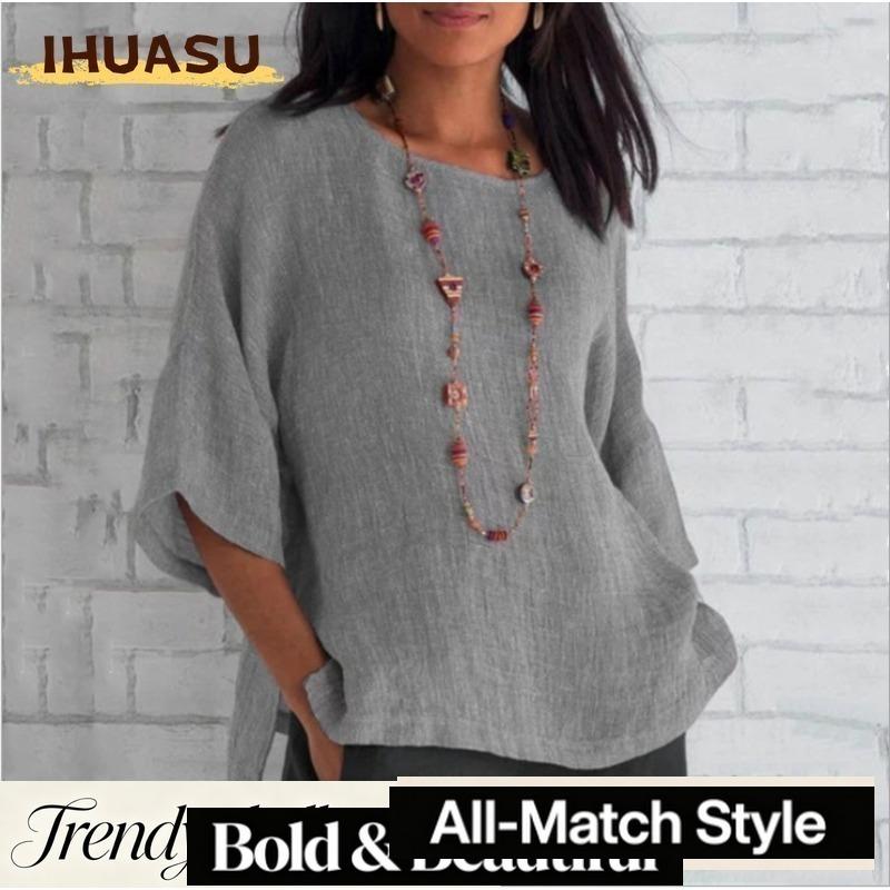 IHUASU Women's Fashion Casual Solid Color Print 3/4 Sleeves O-Neck Blouses & Shirts