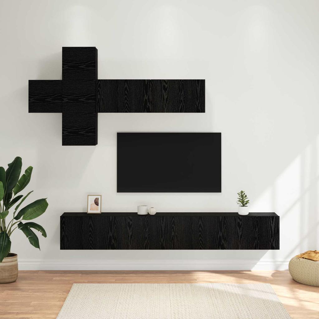 Wall Mounted TV Cabinet Set 7 Piece Black Oak Wood Based Material