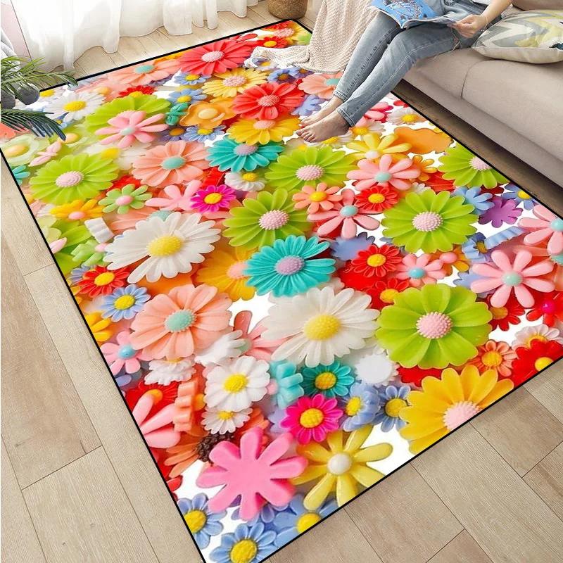 Rose Sunflower Daisy Peach Blossom Carpet Mat Colorful Flower Area Decorative Rugs for Room