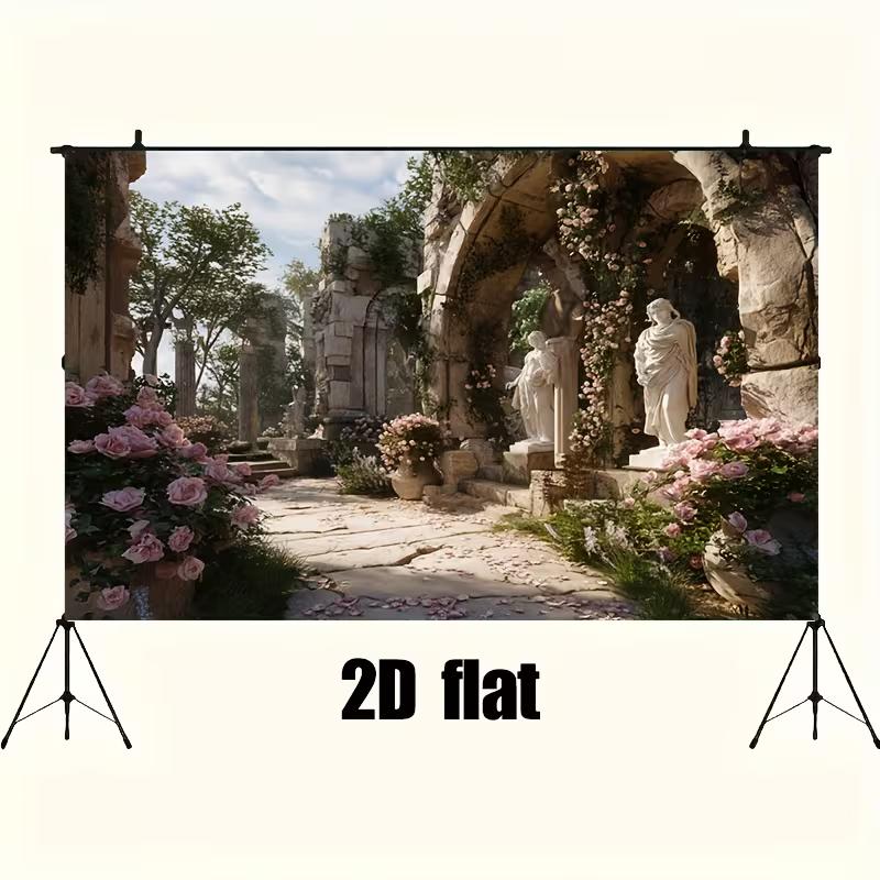 

2D Ancient Greek Ruins Backdrop Pink Rose Garden Statue Photography Background 47.2x31.5inch/120*80cm
