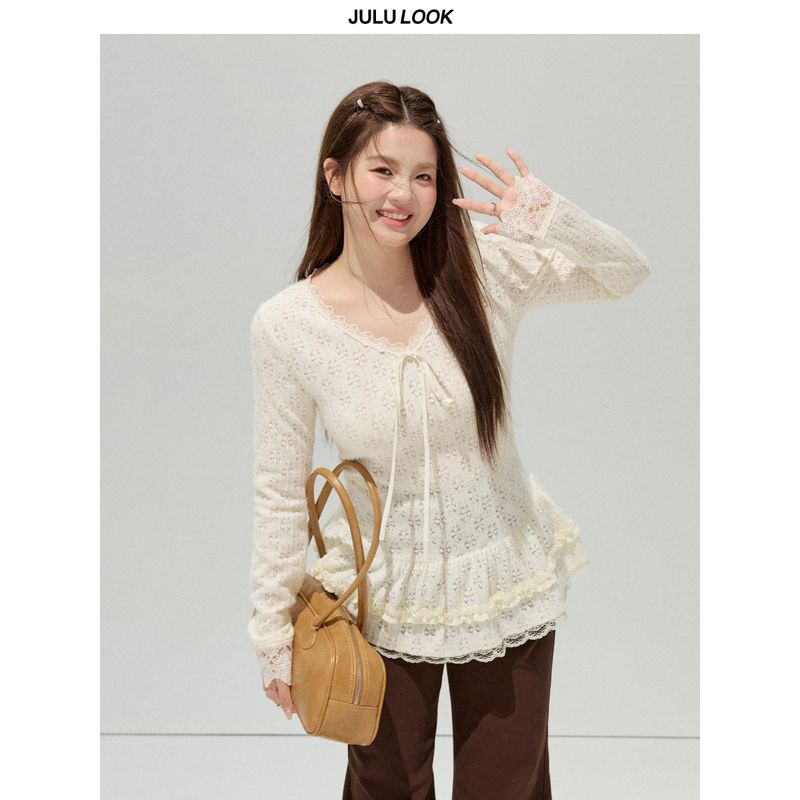 

Julu Studio Curly Cherry Knitted Cardigan for Slightly Plus-Size Women/Lace Inner Layer/Casual Pants Plus Size Set Beige Inner t M
