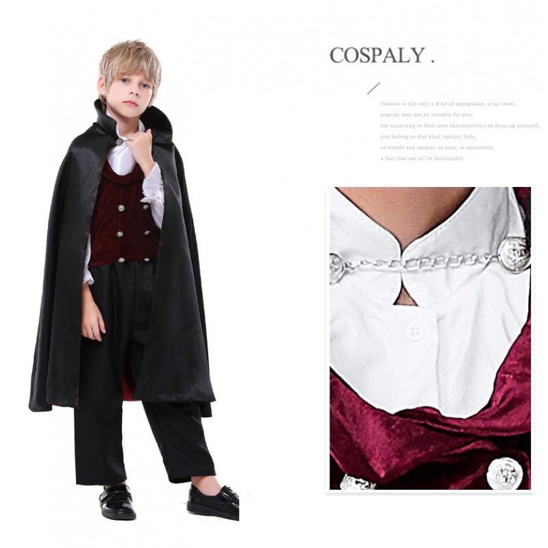 Boys Vampire Costume Set Black Red Cape Formal Outfit Halloween Party Stage Performance
