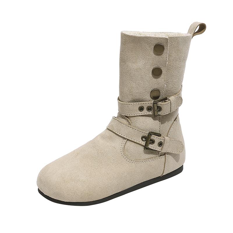Plush Mid-Tube Boots Women Winter Suede Metal Buckle Warm Belt Buckle Flat Cotton Shoes