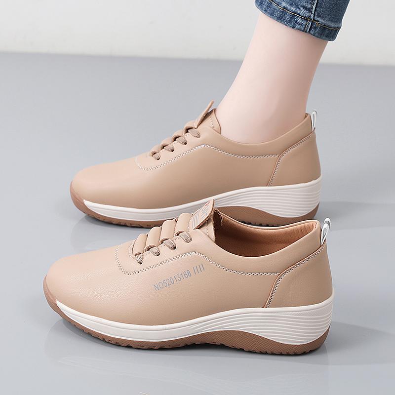 Women Platform Loafers Casual Elegant Leather Khaki Sneakers Thick Sole Height Increase Shake Shoes Large Size