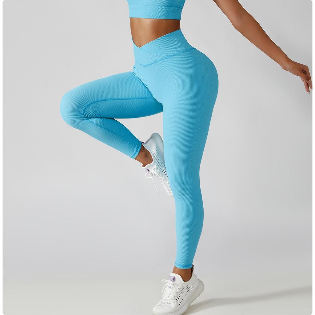 Women's V-Waist Tummy Control Yoga Leggings - Gathered Peach Hip Lift for Running and Training