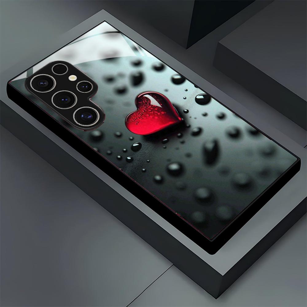 Raindrops and Hearts  glass Phone Case For Samsung Galaxy S26 S25 S24 S22 S23 Ultra S21 S20 Plus 5G  Non-Slip Full Cover