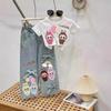 Girls Summer Cartoon Short Sleeve T Shirt And Bow Jeans Cute Two Piece Set