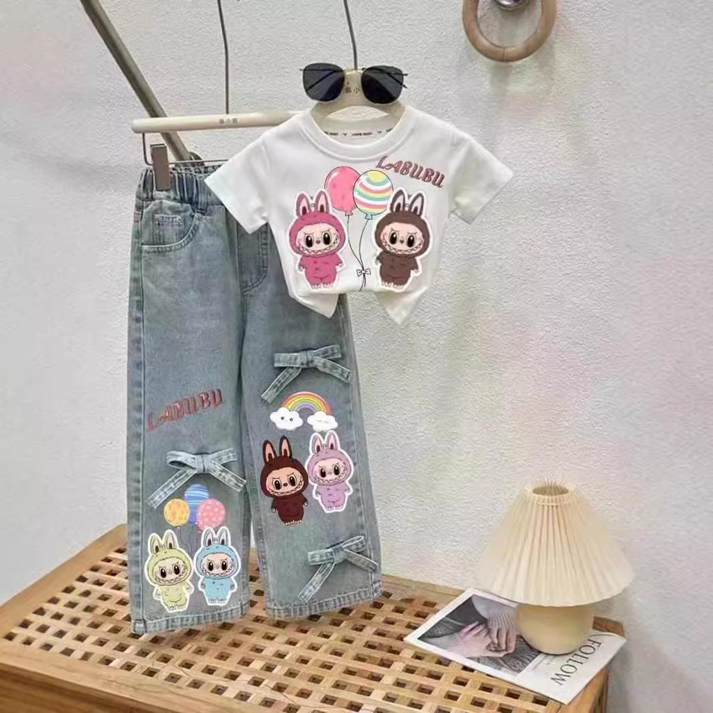 Girls Summer Cartoon Short Sleeve T Shirt And Bow Jeans Cute Two Piece Set
