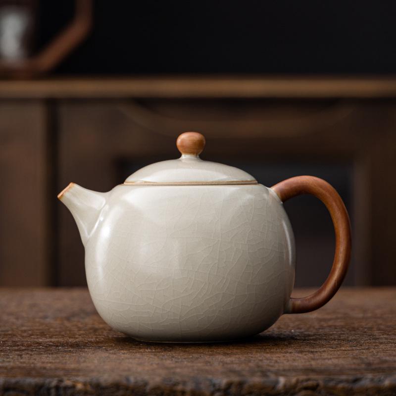 Small Beige Crackle Glaze Ru Ware Xishi Teapot – Ceramic Kung Fu Tea Infuser Set
