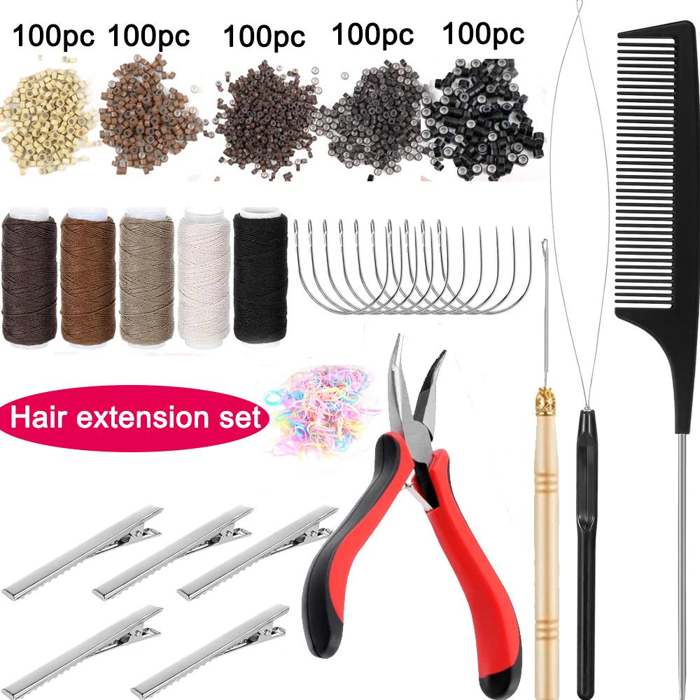 Hair Extension Tools Kit, 500 Silicone Lined Micro Rings, 1 Plier, 2 Hook Needle Pulling Loop,Hair Needle,5 Metal Hair Clips