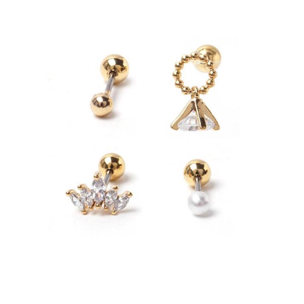 Women's 4-Piece Set Cubic Gold Mix Bar Piercing Earrings