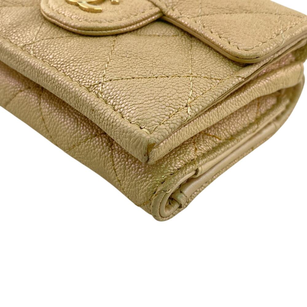 CHANEL Compact wallet Matrasse caviar skin Caviar skin Tri-fold wallet beige Caviar skin Used