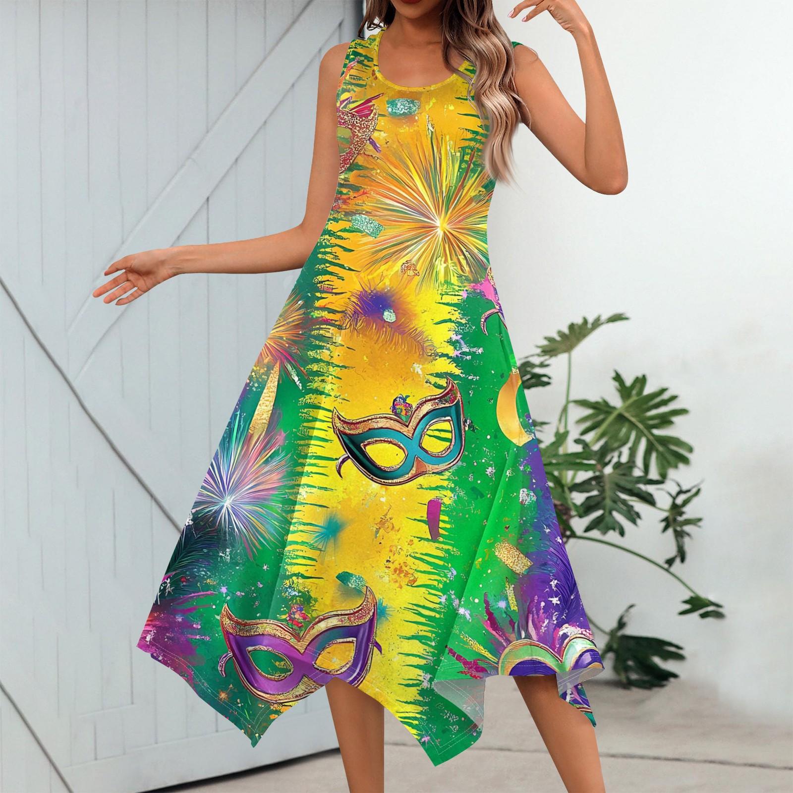 

Women s Casual Fashion Round Neck Sleeveless Print Irregular Hem Midi Dress XL жовтий