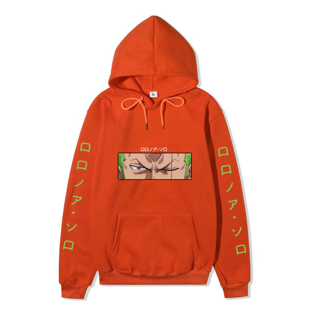 One Piece Roronoa Zoro Hoodie, Double Side Sleeve Japanese Text Printed Pullover Hooded Sweatshirt Anime Long Sleeve Streetwear Hoodie