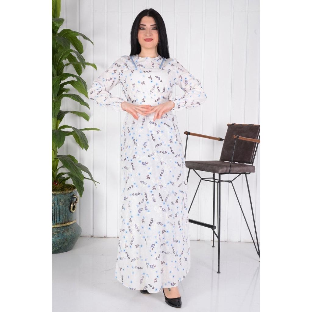 Long Hijab Elastic Waist And Embroidered Dress / Blue Flower Embroidery (brode) Slim Fit Buy A Larger Size