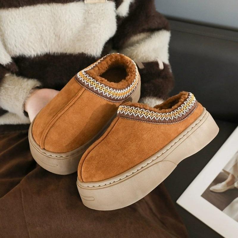 New cotton slippers women's winter embroidery thick-soled velvet warm one-pedal non-slip heightening slippers
