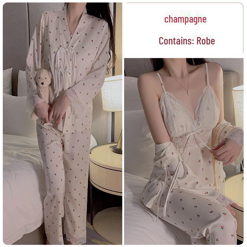 

Пижамный комплект Guiruo Deep V из атласного кружева с нагрудной накладкой и верхним халатом One Size