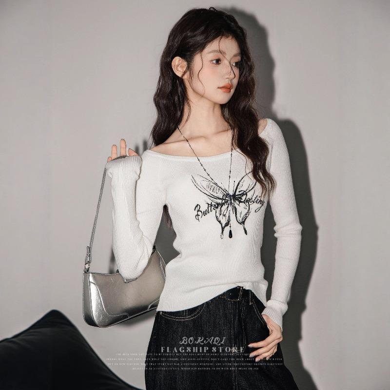 Off-shoulder butterfly printed knitted sweater women's spring and autumn new design sense slim-fitting Spice girl inner bottoming shirt top