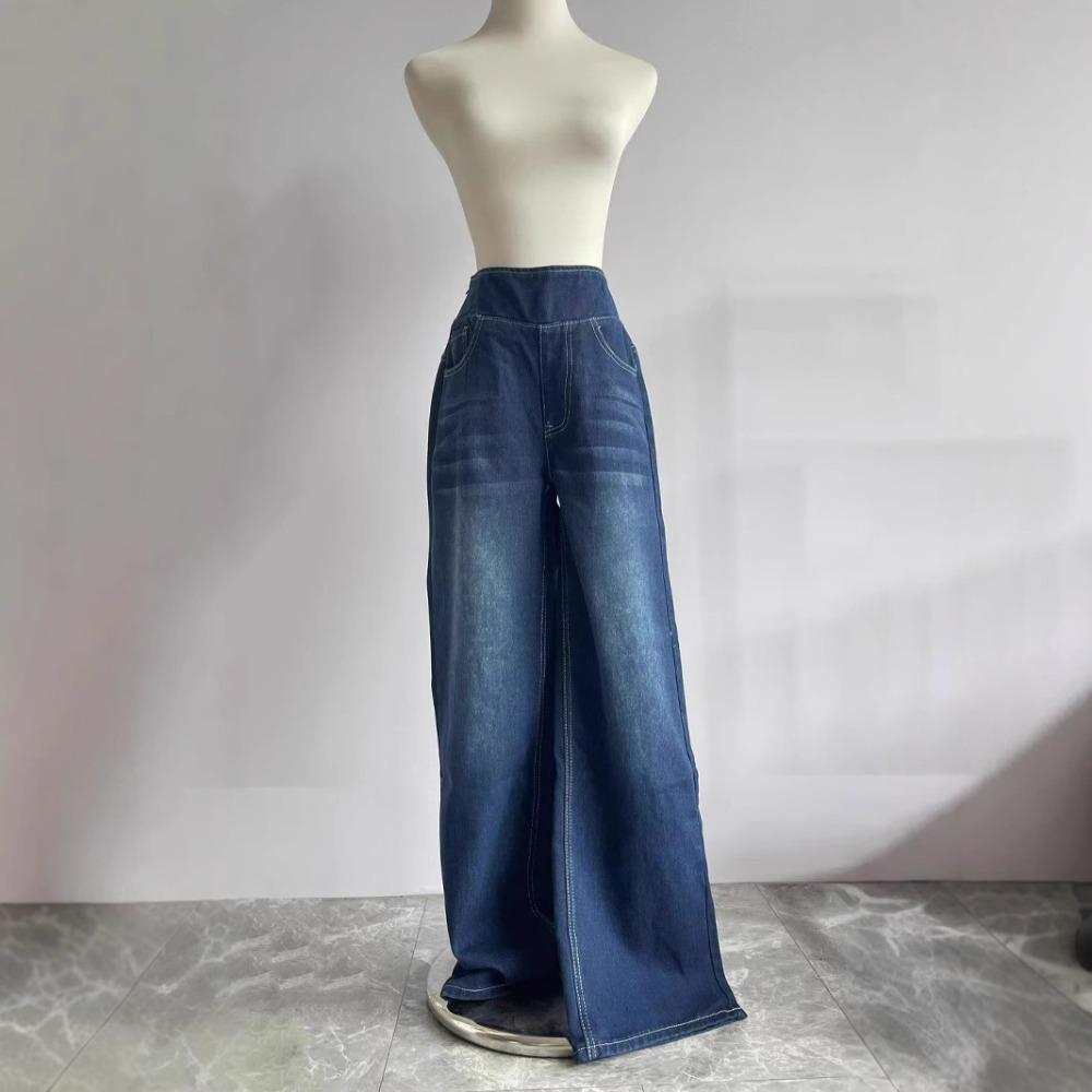 

Новые джинсы большого размера с широкими штанинами для женщин, с высокой талией, карманами, прямые, свободные, повседневные штаны S синий